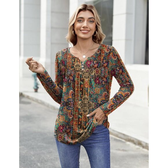 Women's Long Sleeve V Neck Blouse Polyester Spandex Casual Work Tops - Picture 4 of 5